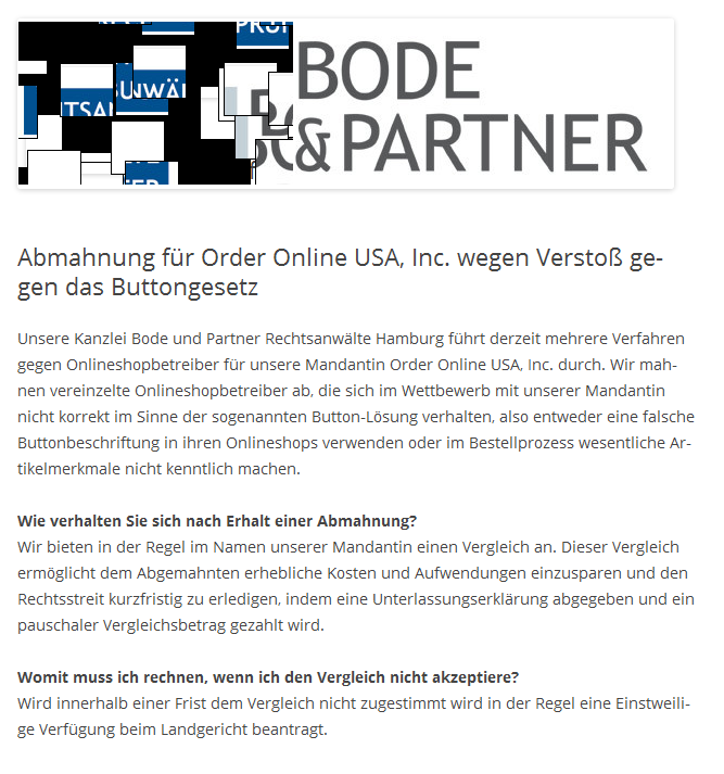 Abmahnung Bode Partner Order Online USA 1